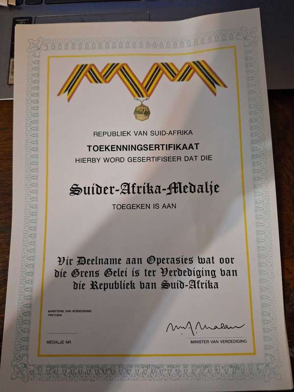 Southern African Medal blank certificate