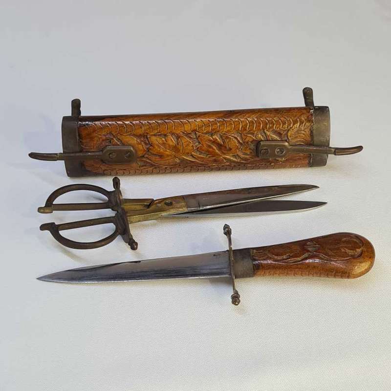 Vintage Hand Carved Eastern Wooden Stand Sheathed Carving Knife and scissors.