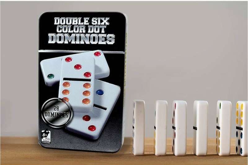 GS Double Six Colour Dot Dominoes 28 Pieces in Metal Tin Box