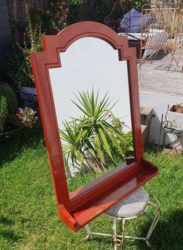 Vintage Large Art Deco Mirror with Wooden Frame & Shelf