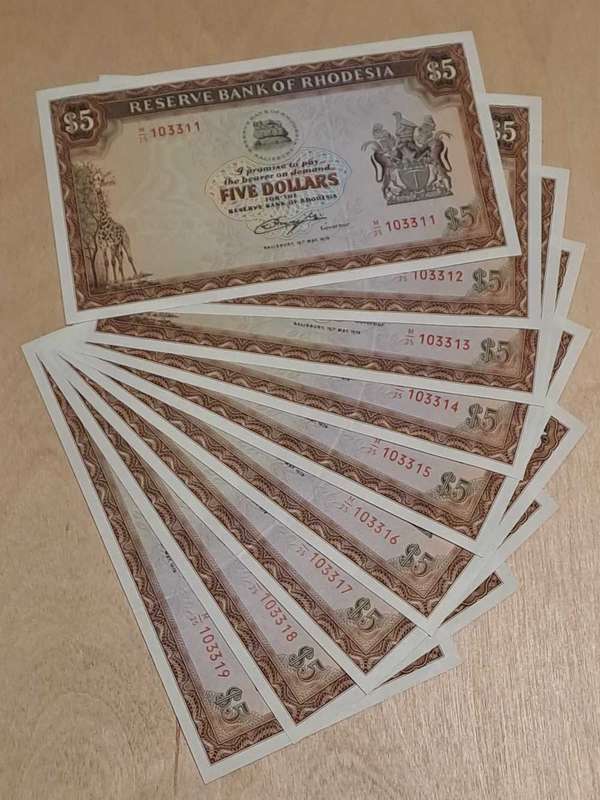 9 x Rhodesian $5 banknotes in sequential order