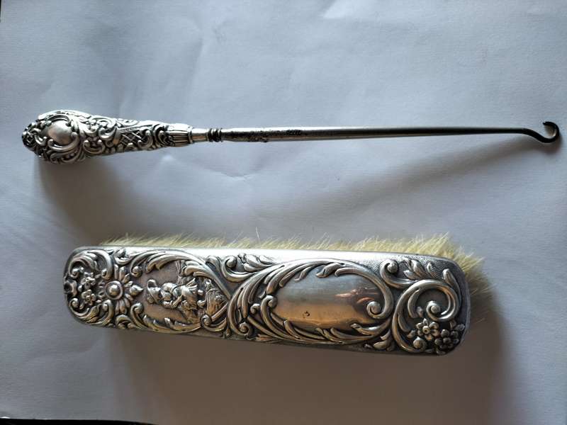 Silver Handle Button Hook & Silver Clothes Brush