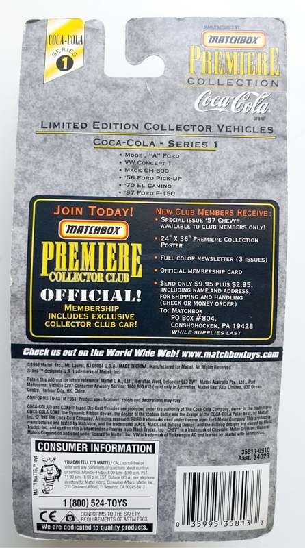1998 COCA COLA MATCHBOX PREMIERE - LIMITED EDITION COCA-COLA - SERIES 1 - 70s EL CAMINO - TOP +