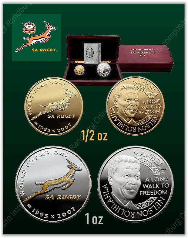 2011 Mandela Rugby World Cup 1oz Silver 1/2oz Gold Coin Set