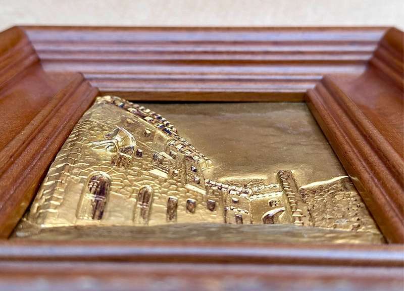 Brass Engraving `Medieval village central Spain` circa 1984