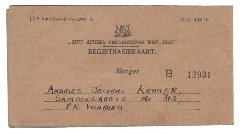 President Paul Kruger Family Member Militaria - Sersant AJ Kruger S.A. DEFENCE FORCE