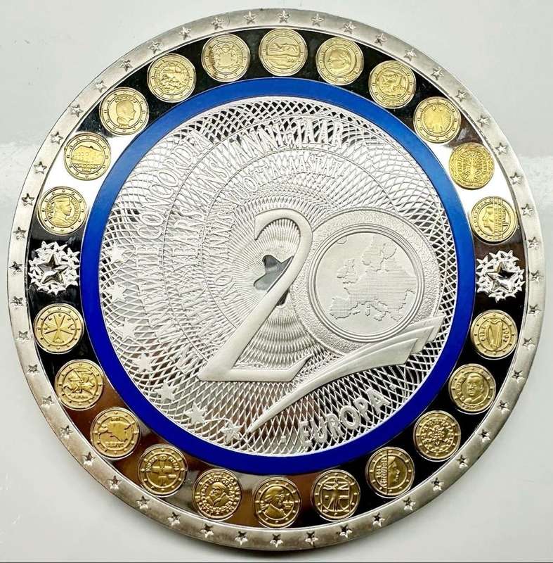 GIGANT MEDAL 100 MM 20 YEARS EURO SILVER-PLATED PP - RARE COLLECTIBLE ITEM + CERTIFICATE