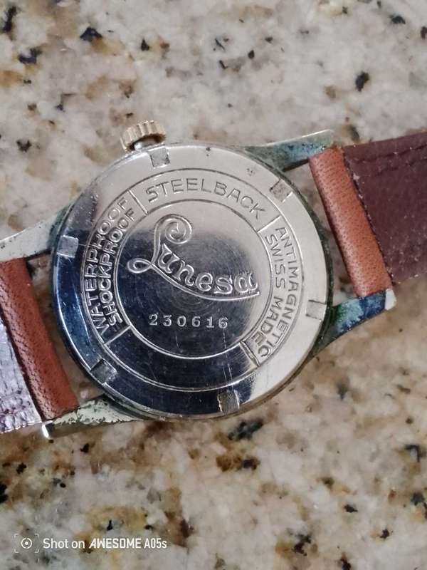 Lunesa 17 jewels.50/60s era. 30x38mm.Runs well.Lovely watch.On leather strap