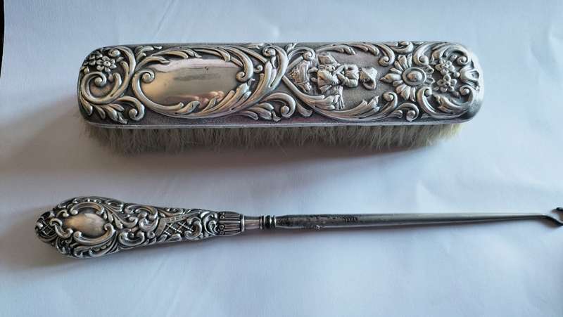 Silver Handle Button Hook & Silver Clothes Brush
