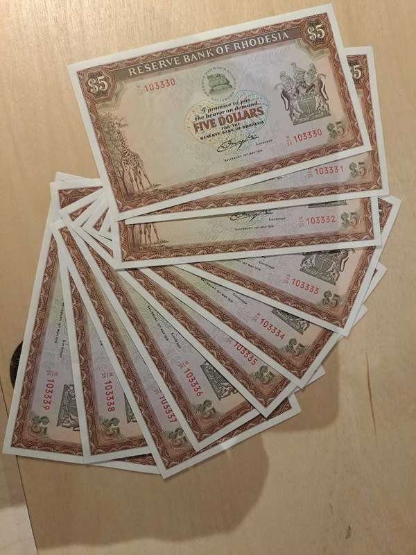Wow! 10 x Rhodesian $5 notes in series
