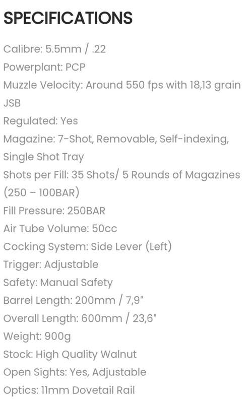 Reximex RPA .22 PCP Air Pistol - Walnut grip + Bushnell phantom scope