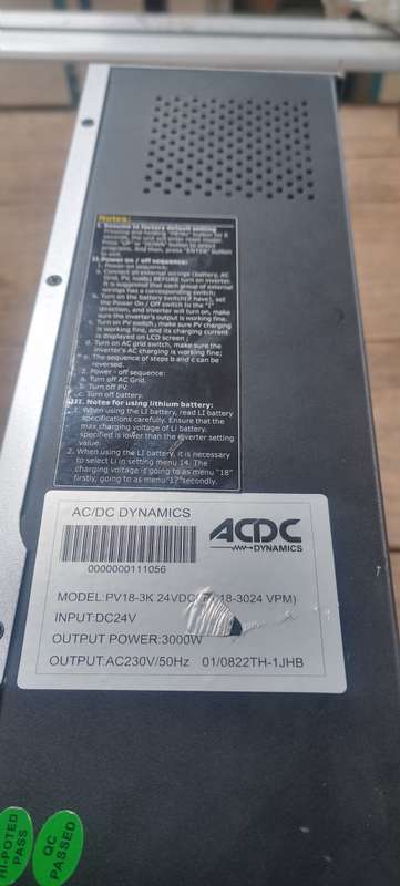 ACDC DYNAMICS HYBRID SOLAR INVERTER 3000VA/24VDC C/W 60A MPPT CONT. PV18-3K 24VDC