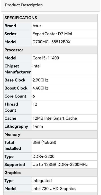 i5 11400 - ASUS Expertcenter D7 Mini-Tower