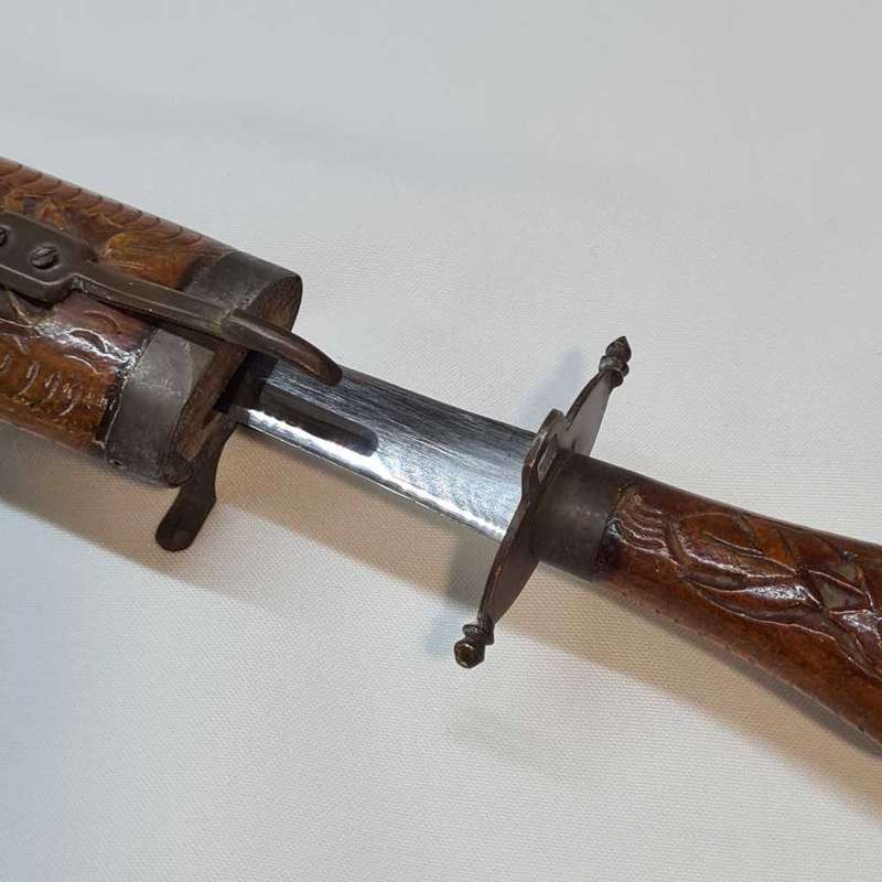Vintage Hand Carved Eastern Wooden Stand Sheathed Carving Knife and scissors.