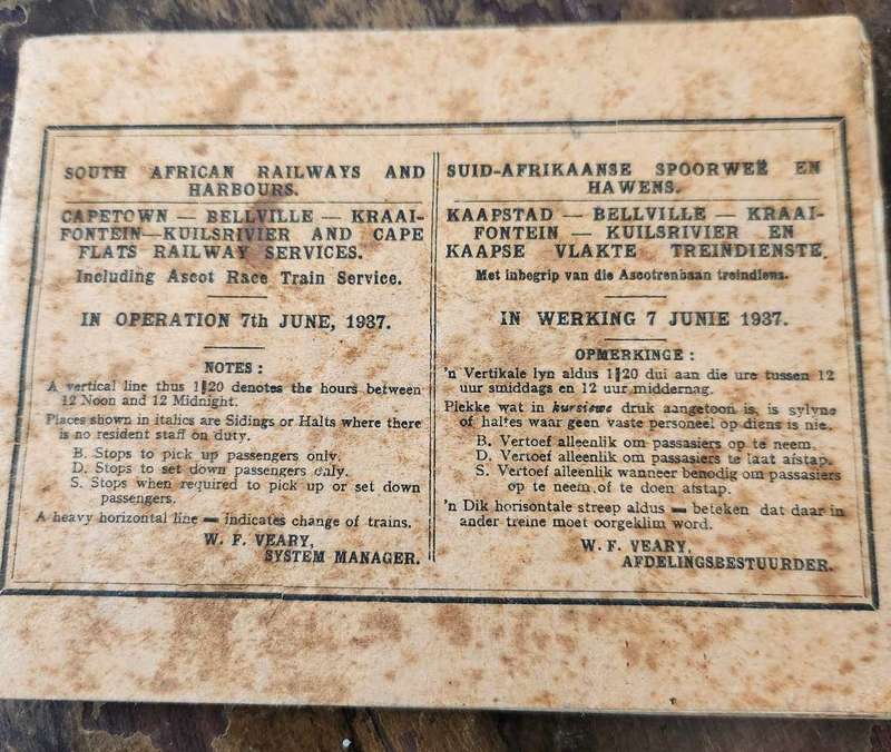 South African Railways Timetable 1937 - Capetown to Cape Flats - NEVER seen