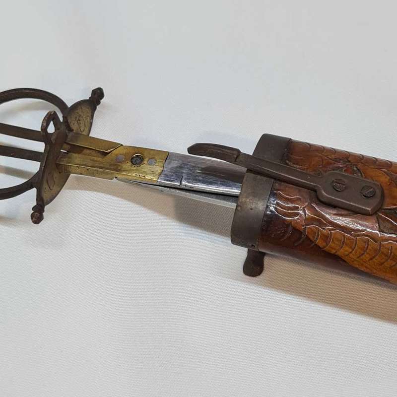 Vintage Hand Carved Eastern Wooden Stand Sheathed Carving Knife and scissors.