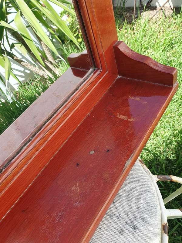 Vintage Large Art Deco Mirror with Wooden Frame & Shelf