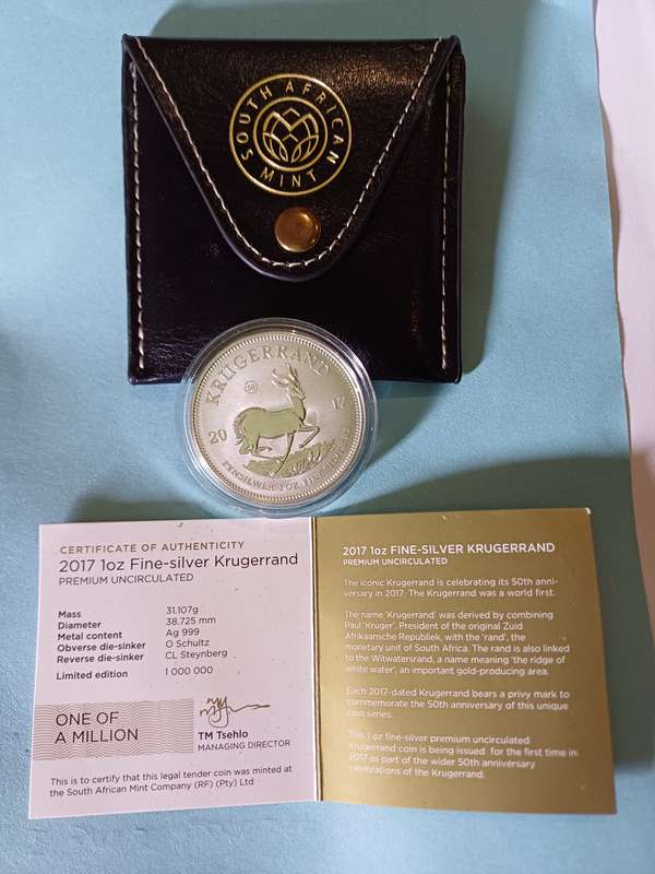 2017 1oz silver Krugerrand. 50th anniversary including COA and pouch.