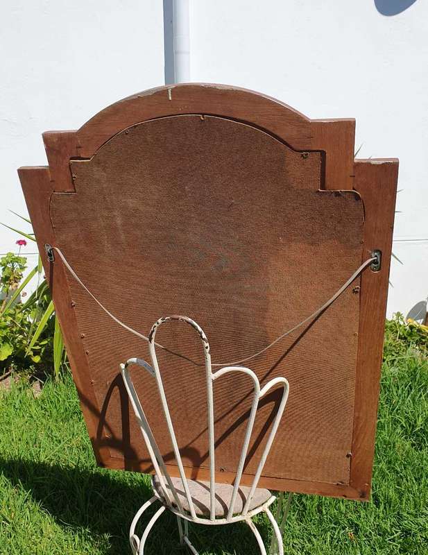 Vintage Large Art Deco Mirror with Wooden Frame & Shelf