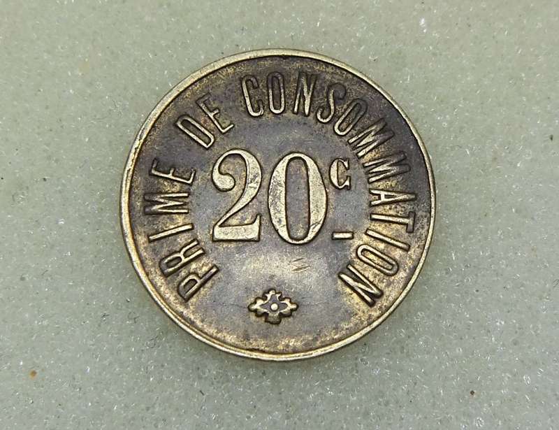 AN OLD 20 CENTIMES FRENCH CONSUMER TOKEN
