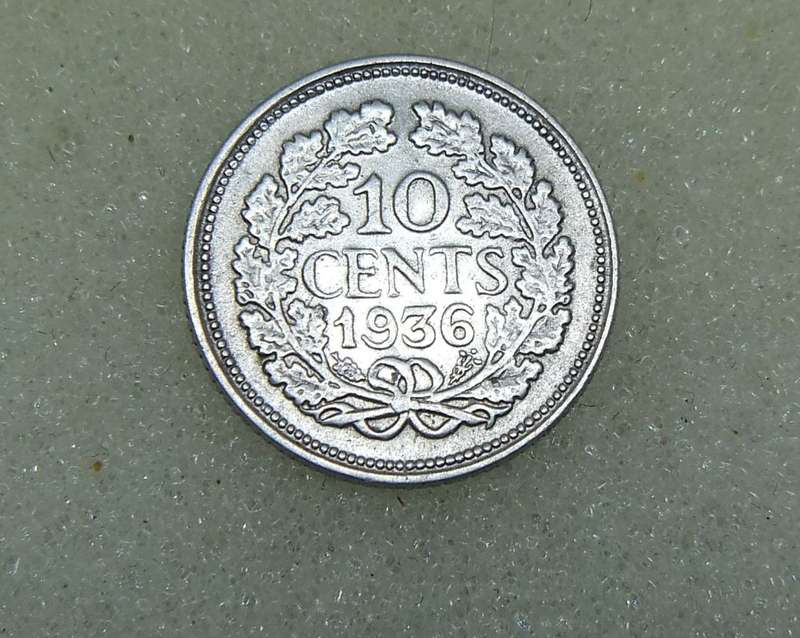 1936 TEN CENTS COIN - NETHERLANDS - SILVER
