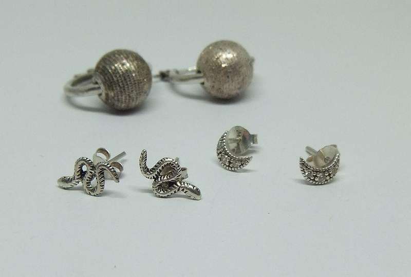 SWEET DEAL !! THREE PAIRS OF STERLING SILVER EARRINGS !! UNUSUAL ORB SLEEPERS , MOONS AND SNAKES !!