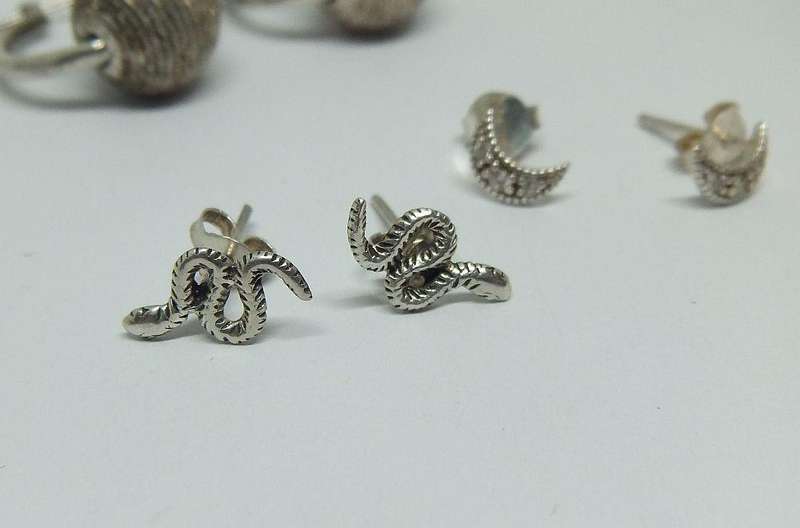 SWEET DEAL !! THREE PAIRS OF STERLING SILVER EARRINGS !! UNUSUAL ORB SLEEPERS , MOONS AND SNAKES !!