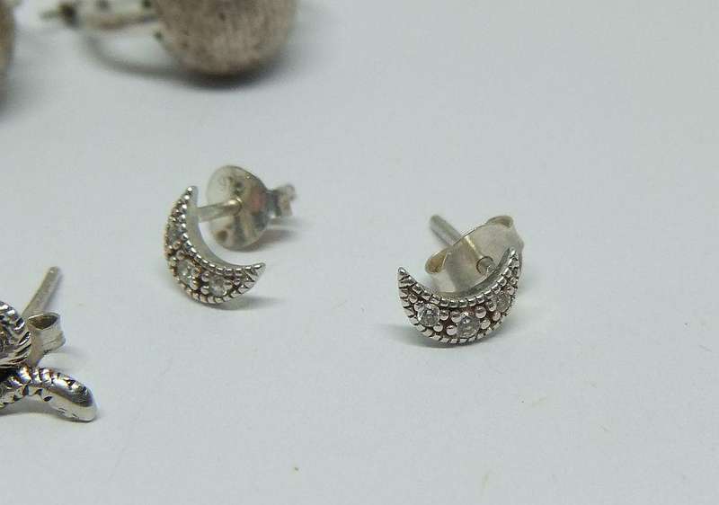 SWEET DEAL !! THREE PAIRS OF STERLING SILVER EARRINGS !! UNUSUAL ORB SLEEPERS , MOONS AND SNAKES !!