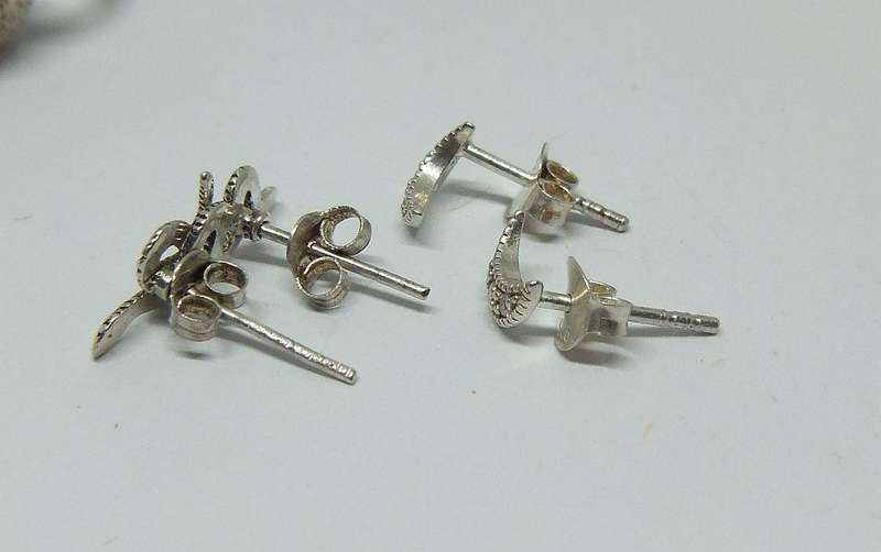 SWEET DEAL !! THREE PAIRS OF STERLING SILVER EARRINGS !! UNUSUAL ORB SLEEPERS , MOONS AND SNAKES !!
