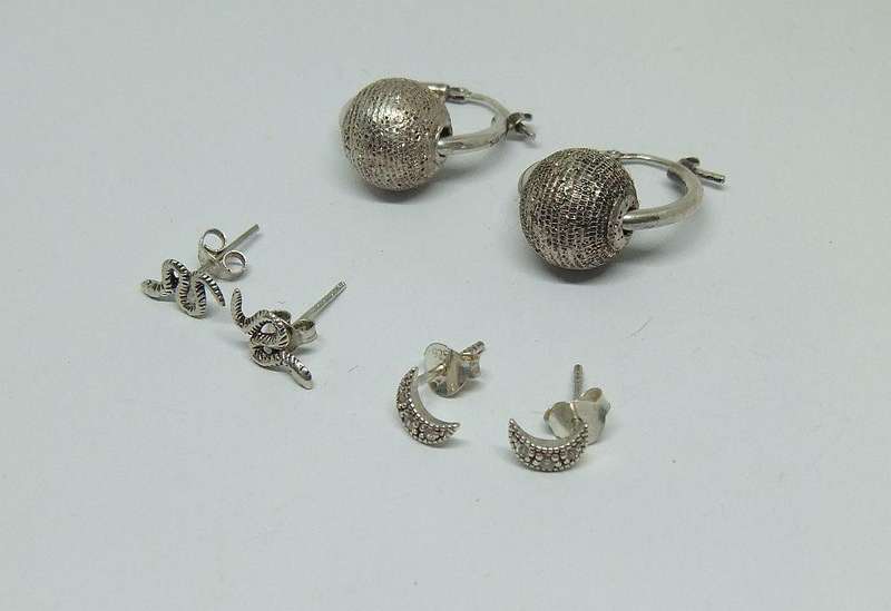 SWEET DEAL !! THREE PAIRS OF STERLING SILVER EARRINGS !! UNUSUAL ORB SLEEPERS , MOONS AND SNAKES !!