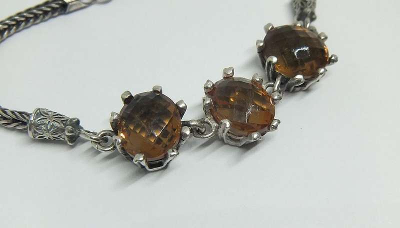 A SUPERB STERLING SILVER BRACELET SET WITH FACETED SMOKY CITRINE INSETS !! IMPORTED FROM TURKEY
