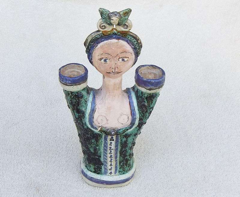 A LARGE VINTAGE FIGURAL POTTERY CANDLE STAND SIGNED DIANE ..... ON BASE !! MUST SEE AND MUST HAVE !!