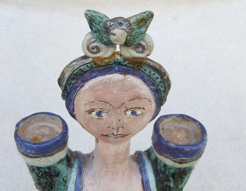 A LARGE VINTAGE FIGURAL POTTERY CANDLE STAND SIGNED DIANE ..... ON BASE !! MUST SEE AND MUST HAVE !!