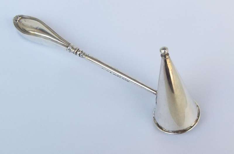 COOL FIND !! AN OLD SILVERPLATE CANDLE SNUFFER WITH STERLING SILVER HANDLE !! WOW !!