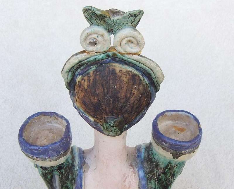 A LARGE VINTAGE FIGURAL POTTERY CANDLE STAND SIGNED DIANE ..... ON BASE !! MUST SEE AND MUST HAVE !!