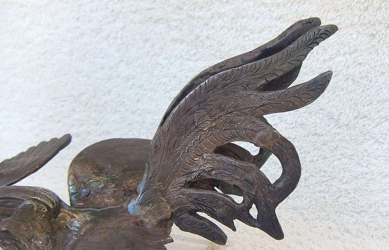 WOW !! AN AMAZING OLD SET OF METAL " FIGHTING COCKS " ORNAMENTS WITH A BEAUTIFUL OXIDIZED PATINA !!