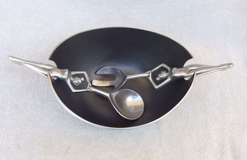 WOW !! AN ABSOLUTELY GORGEOUS CARROL BOYES STYLE SALAD BOWL WITH LADY MOTIF SERVERS !!