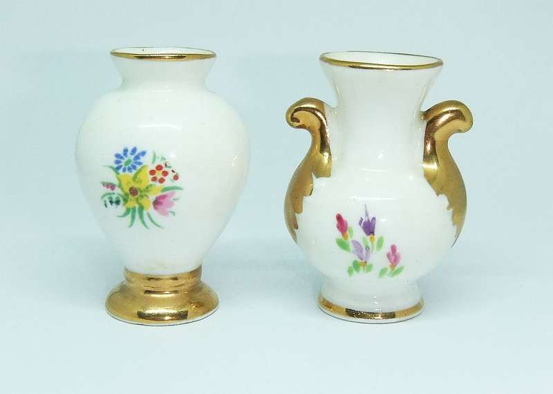 TWO HIGH END FLORAL MOTIF MINIATURE PORCELAIN VASES BY ARTHUR BOWKER CROWN STAFFORDSHIRE !! WOW !!
