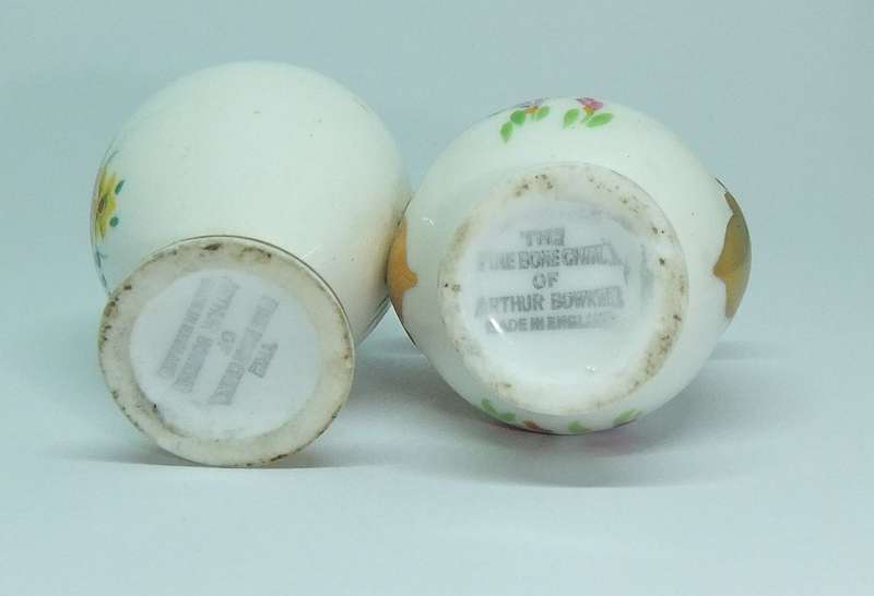 TWO HIGH END FLORAL MOTIF MINIATURE PORCELAIN VASES BY ARTHUR BOWKER CROWN STAFFORDSHIRE !! WOW !!