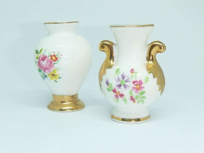 TWO HIGH END FLORAL MOTIF MINIATURE PORCELAIN VASES BY ARTHUR BOWKER CROWN STAFFORDSHIRE !! WOW !!