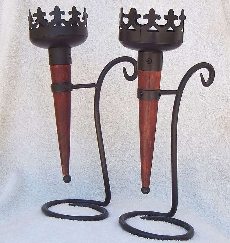 A MAGNIFICENT MEDIEVAL LOOKING PAIR OF OLYMPIC FLAME STYLE CANDLEHOLDERS !! WOW !!