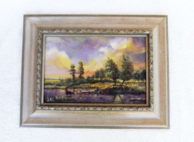 AN EYE CATCHING OLD FRAMED ORIGINAL OIL ON BOARD LANDSCAPE PAINTING SIGNED J.H MOS !! WOW !!