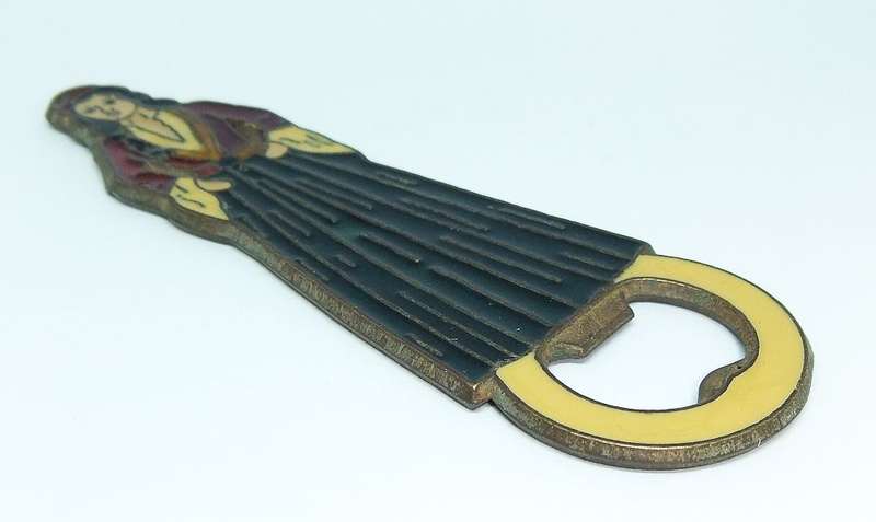 A VINTAGE ENAMEL ON BRONZE LADY FIGURE BOTTLE OPENER MADE IN GREECE