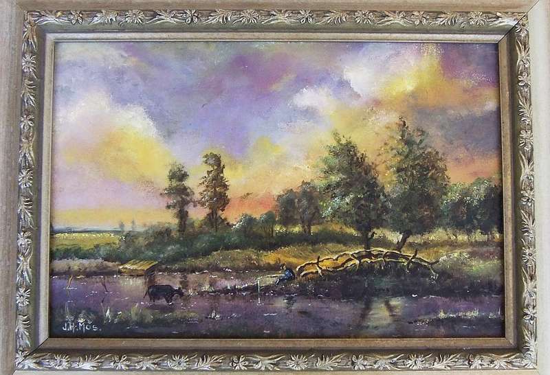 AN EYE CATCHING OLD FRAMED ORIGINAL OIL ON BOARD LANDSCAPE PAINTING SIGNED J.H MOS !! WOW !!