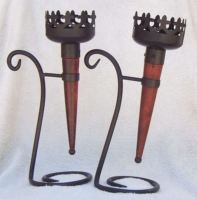 A MAGNIFICENT MEDIEVAL LOOKING PAIR OF OLYMPIC FLAME STYLE CANDLEHOLDERS !! WOW !!