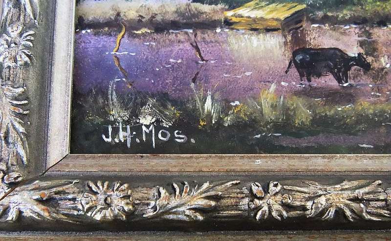 AN EYE CATCHING OLD FRAMED ORIGINAL OIL ON BOARD LANDSCAPE PAINTING SIGNED J.H MOS !! WOW !!