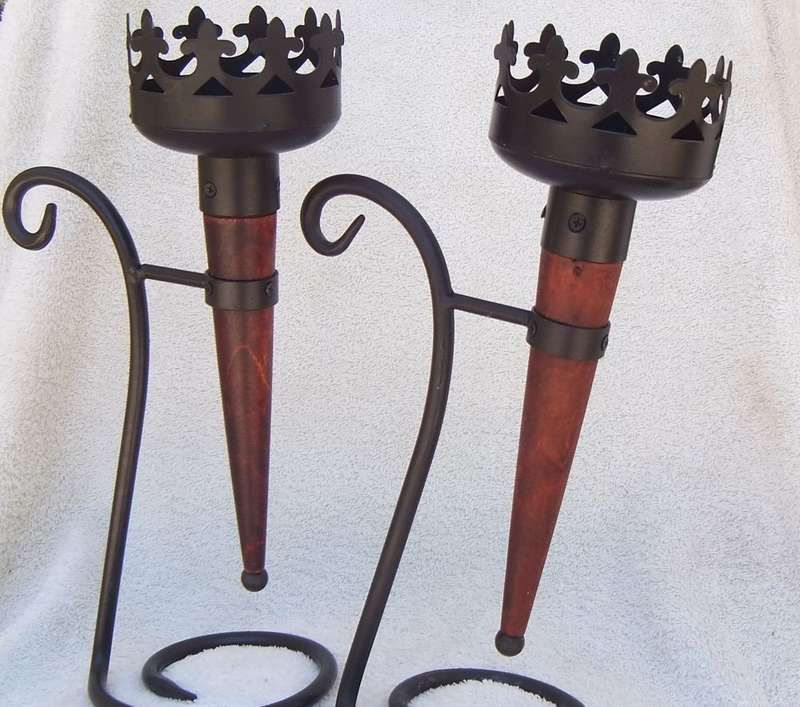 A MAGNIFICENT MEDIEVAL LOOKING PAIR OF OLYMPIC FLAME STYLE CANDLEHOLDERS !! WOW !!