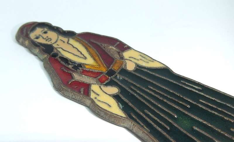 A VINTAGE ENAMEL ON BRONZE LADY FIGURE BOTTLE OPENER MADE IN GREECE
