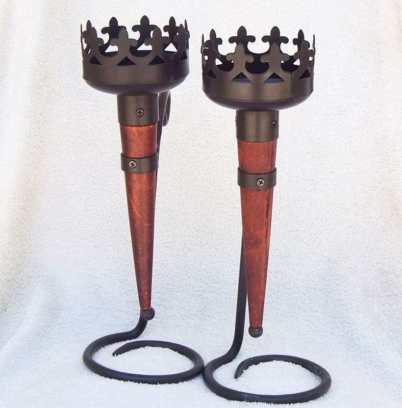 A MAGNIFICENT MEDIEVAL LOOKING PAIR OF OLYMPIC FLAME STYLE CANDLEHOLDERS !! WOW !!
