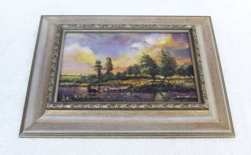 AN EYE CATCHING OLD FRAMED ORIGINAL OIL ON BOARD LANDSCAPE PAINTING SIGNED J.H MOS !! WOW !!